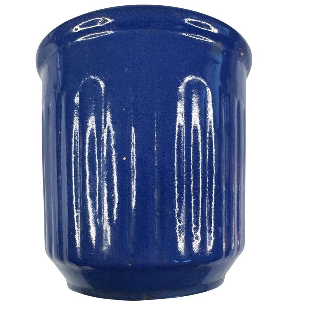 Redwing 1930s Glazed Ceramic Beater Jar Bowl Blue Ridged 5x5.25" Flaw Vintage - Picture 15 of 16